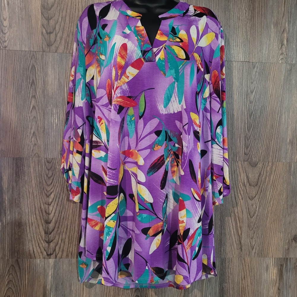 Dear Scarlett Colorful Lightweight Tunic XL Purple Floral Roll Tab Slv V-Neck